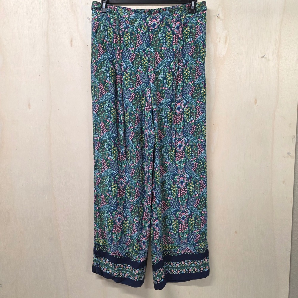 Talbots Floral Bee Print Wide Leg Pants Green Blue Pink L EcoVero Viscose